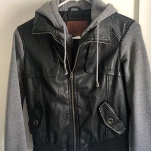 Gray hoodie with leather vest jacket. Size M